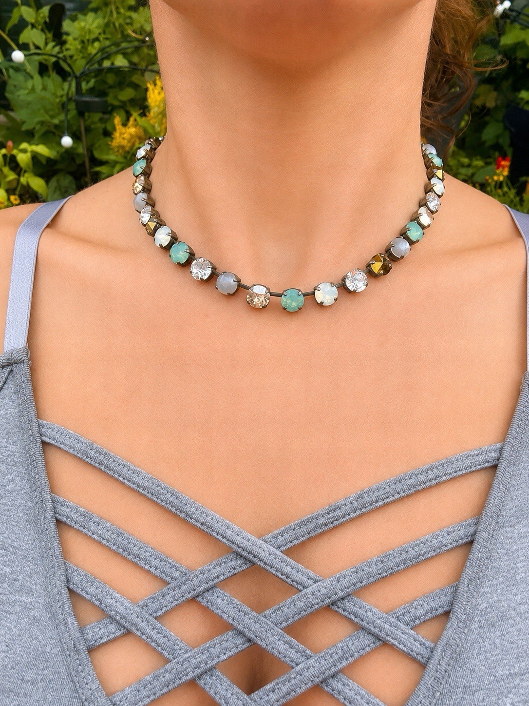 Sabika Classic Turquoise, Pearl, White And Bronze Crystal Tennis Choker Necklace