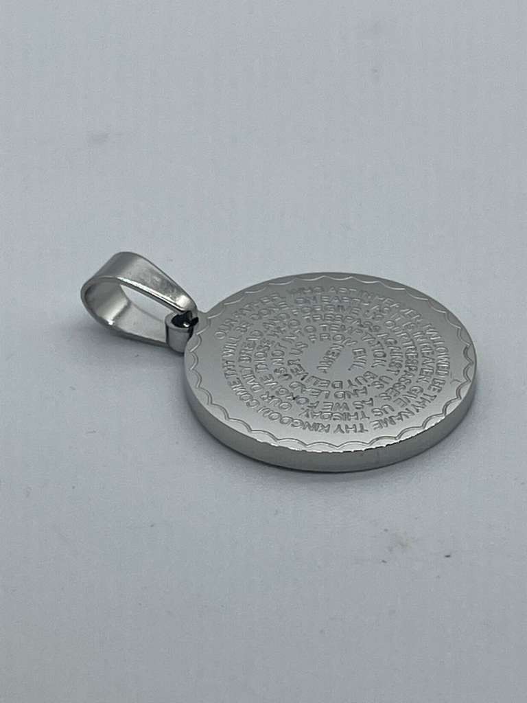 Silver Stainless Steel Our Father Prayer Engraved Medallion Pendant Necklace