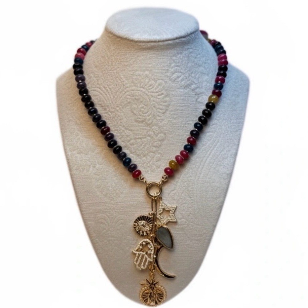 Boho Beaded Charm Necklace Gold Tone Hamsa Star Moon Evil Eye Celestial Gemstone