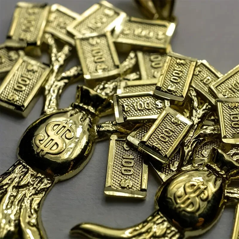 Brass Gold Plated $100 Money Tree Pendant & 3mm 24″ Rope Chain Hip Hop Necklace