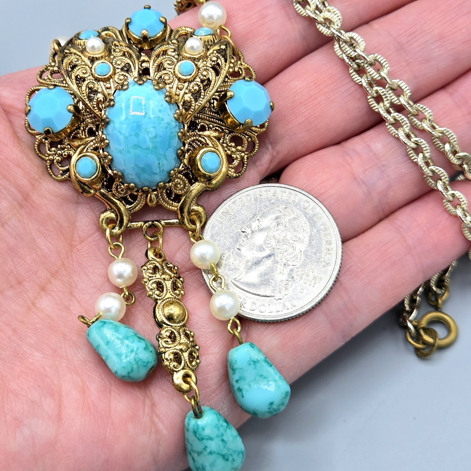 WEST GERMANY Turquoise Mottled Art Glass Drop Faux Pearl Sautoir Necklace 26″