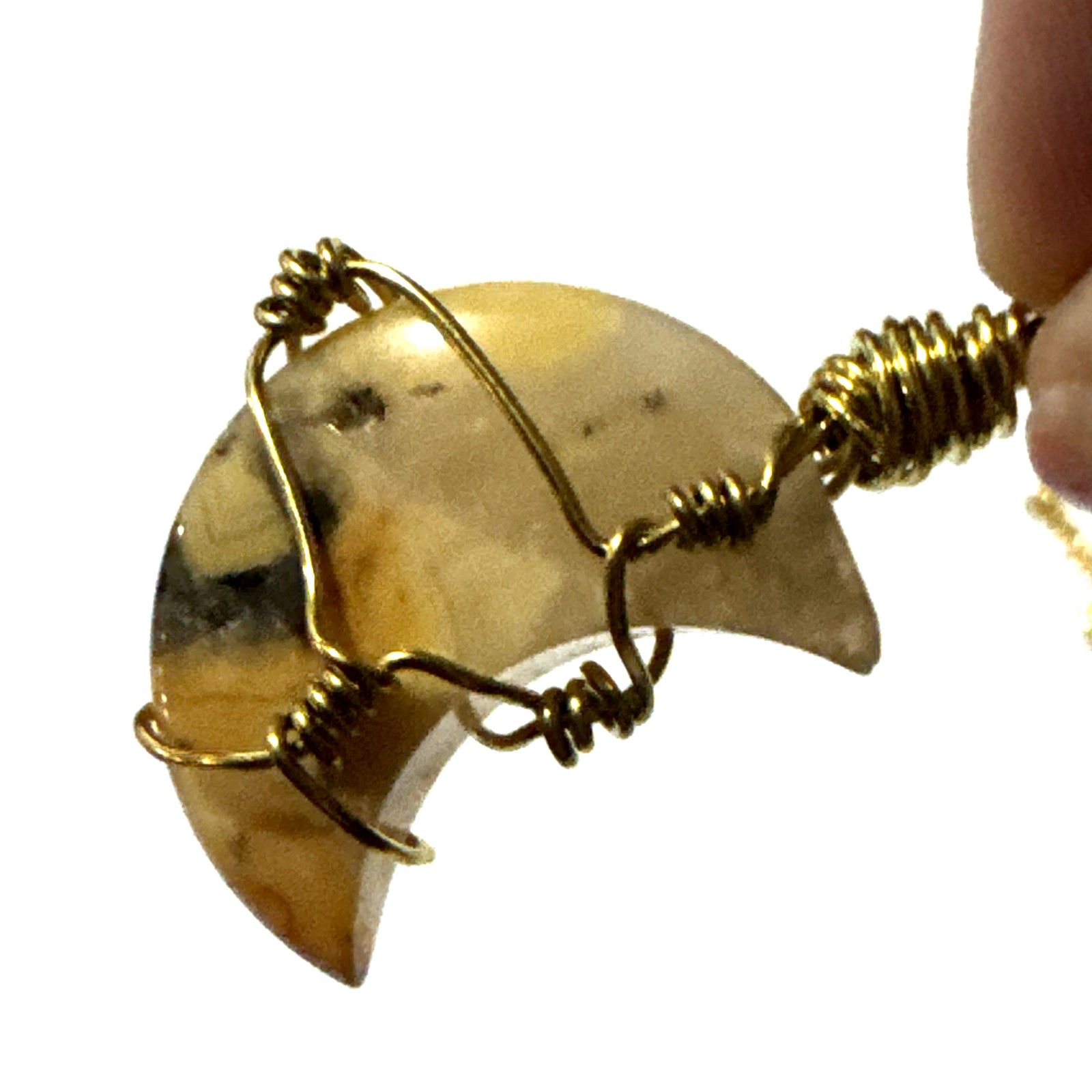 Agate Moon Pendant Necklace Jewelry Gold Tone 24″ Chain Genuine Stone Handmade