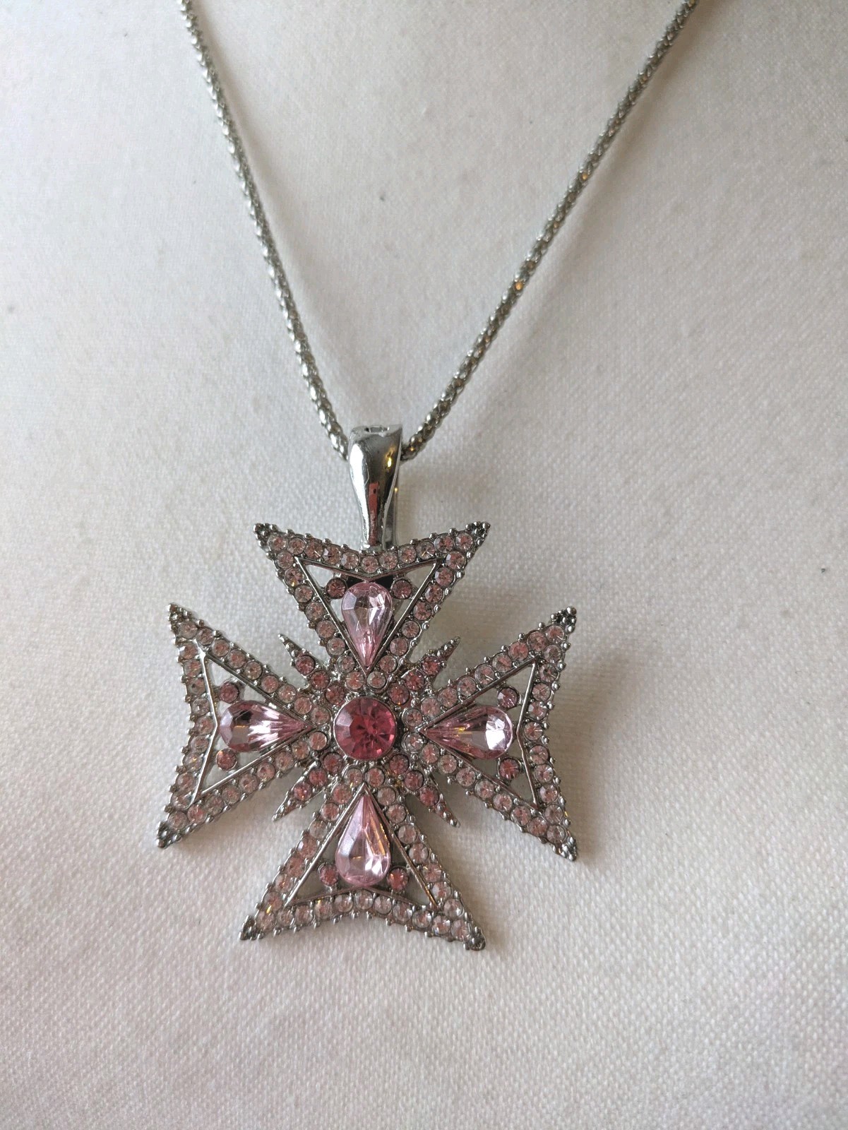 RMN Roman Pendant Necklace In Silver Tone & Pink Rhinestones Maltese Cross