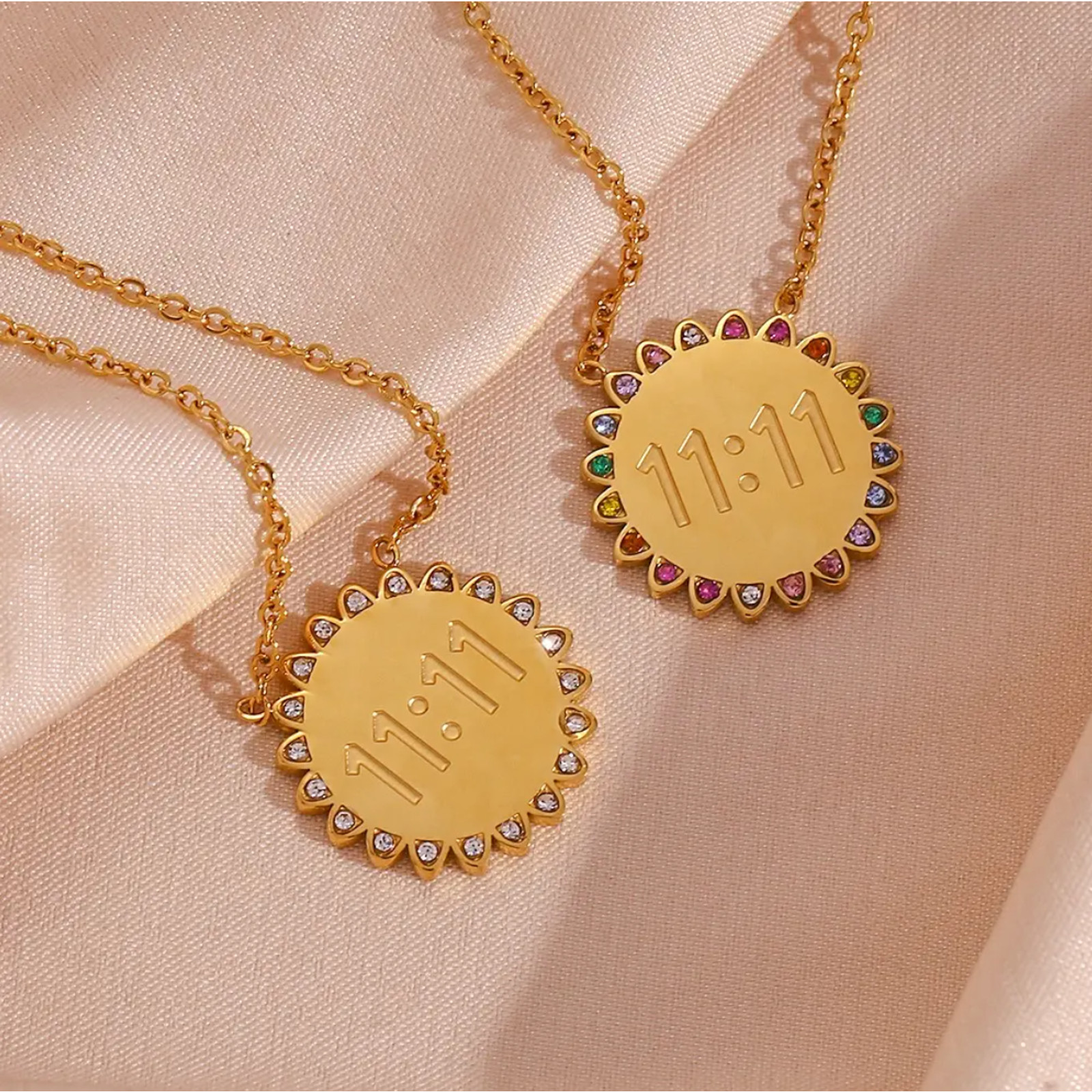NEW Sunflower 11:11 Angel Number 18K Gold Plated Necklace Rainbow Crystals