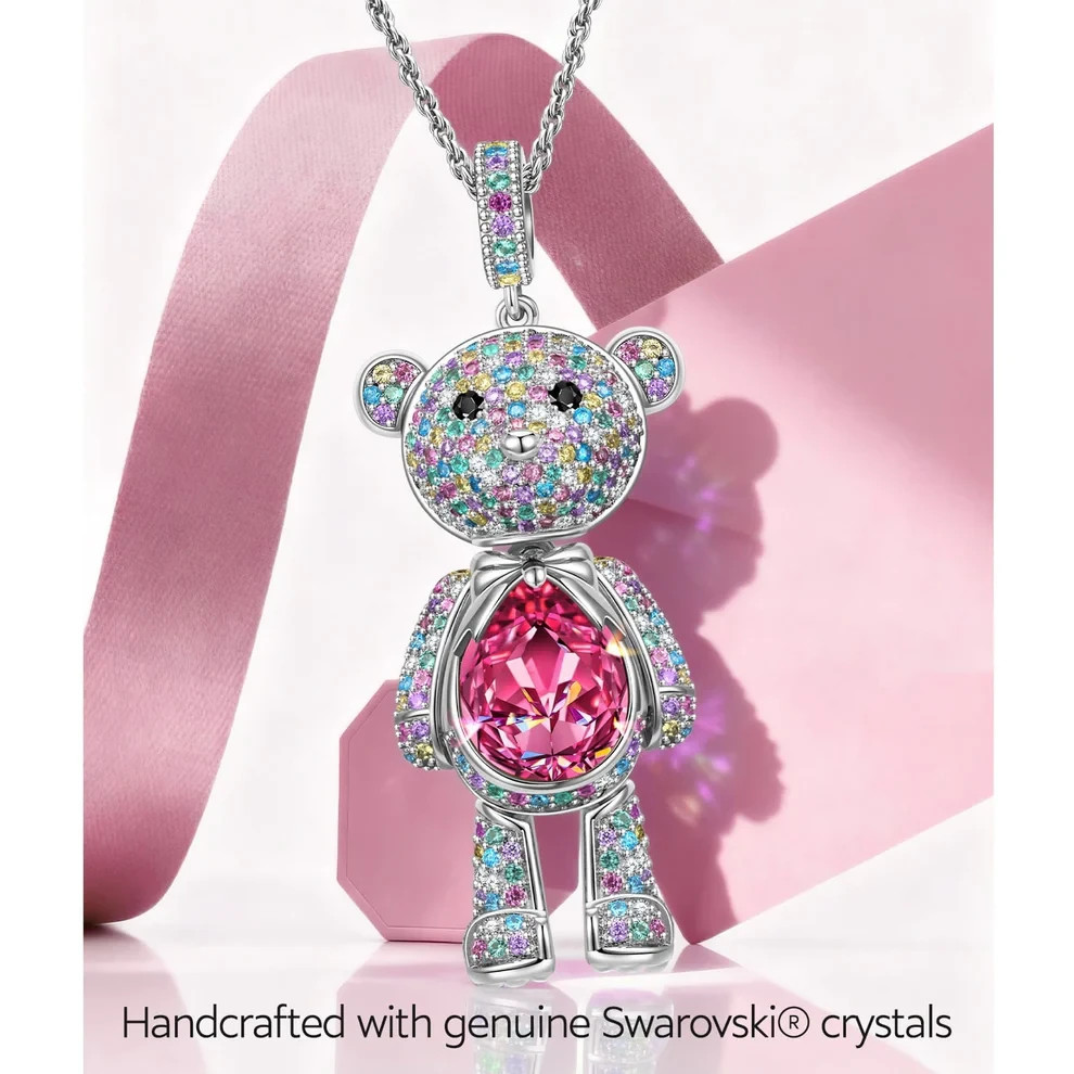 Forever Teddy Bear Pendant Rope Chain Necklace In White Gold Plated -Created Wit