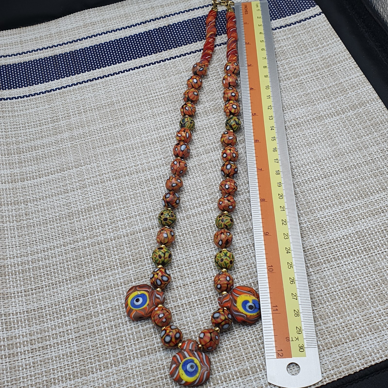 Vintage Venetian Style Eyes Glass with Old 3 Eyes Glass Beaded Necklace