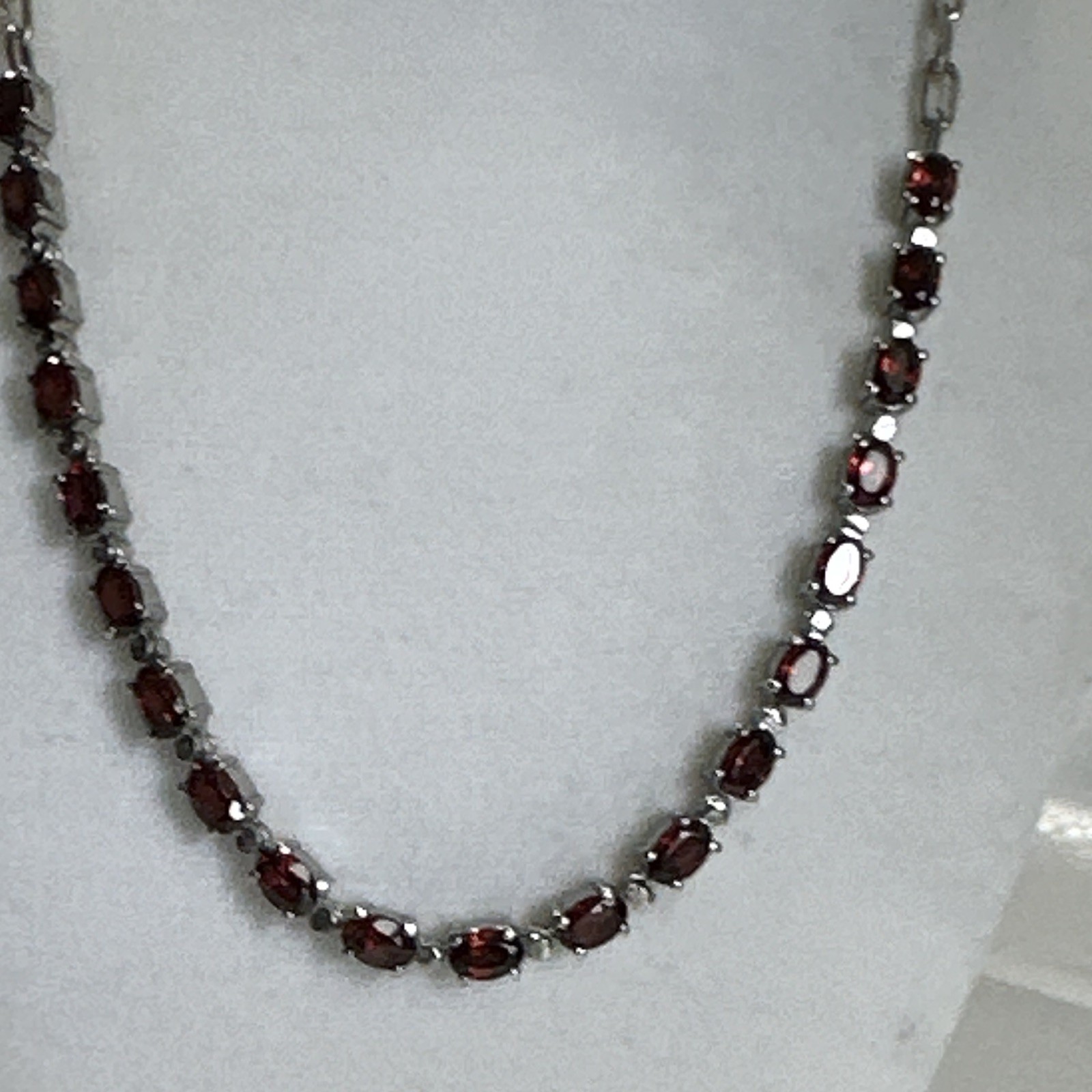 Stainless Steel Station Bar Link Necklace Red Oval Stones Prong Lobster Clasp