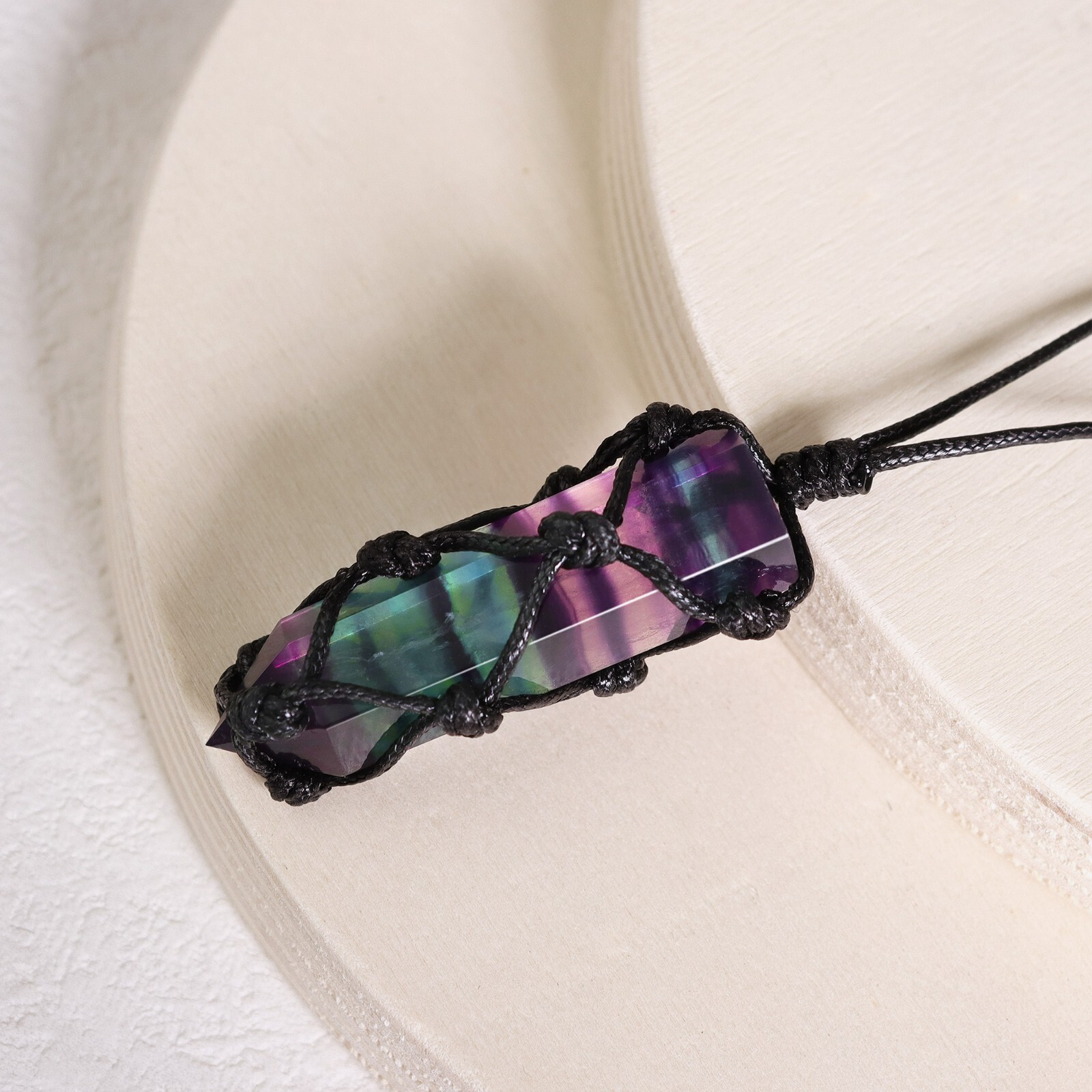 Genuine Rainbow Fluorite Crystal Hexagonal Point Pendant Healing Reiki Necklace