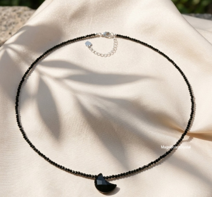 Black Obsidian Moon Pendant Choker Dainty Healing Protection Crystal Necklace