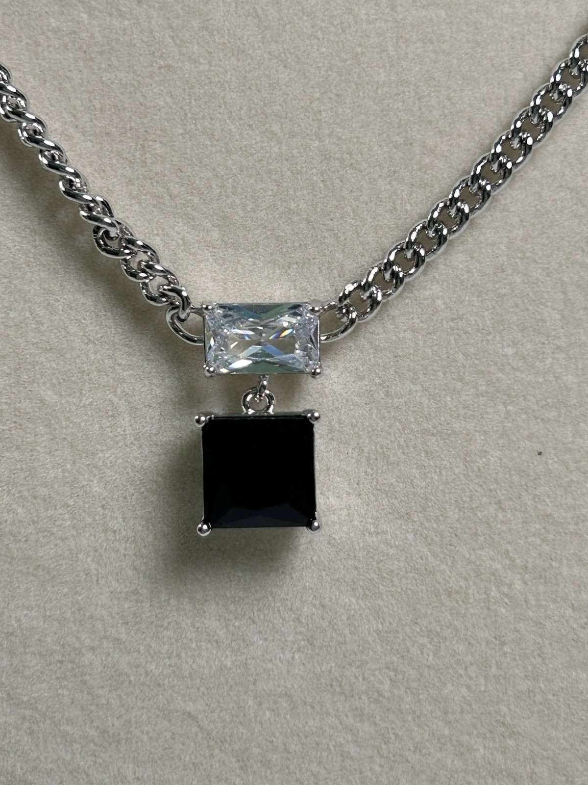Rhodium Plated Cable Chain Necklace Square Blue LC Clear Crystal Pendant Lobster