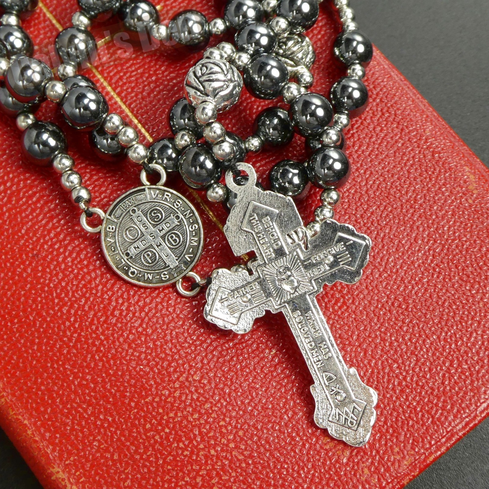 St Benedict Rosary Necklace Black Hematite Bead Five Decade Crucifix Cross Gift