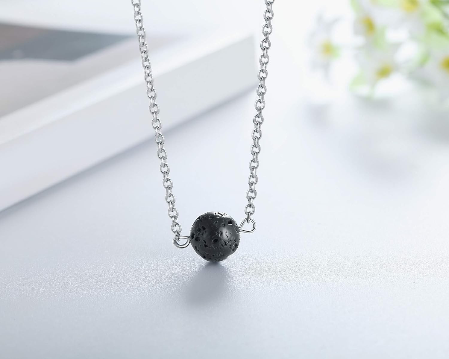 Stylish Lava Rock Aromatherapy Pendant Necklace in Silver and Black Design
