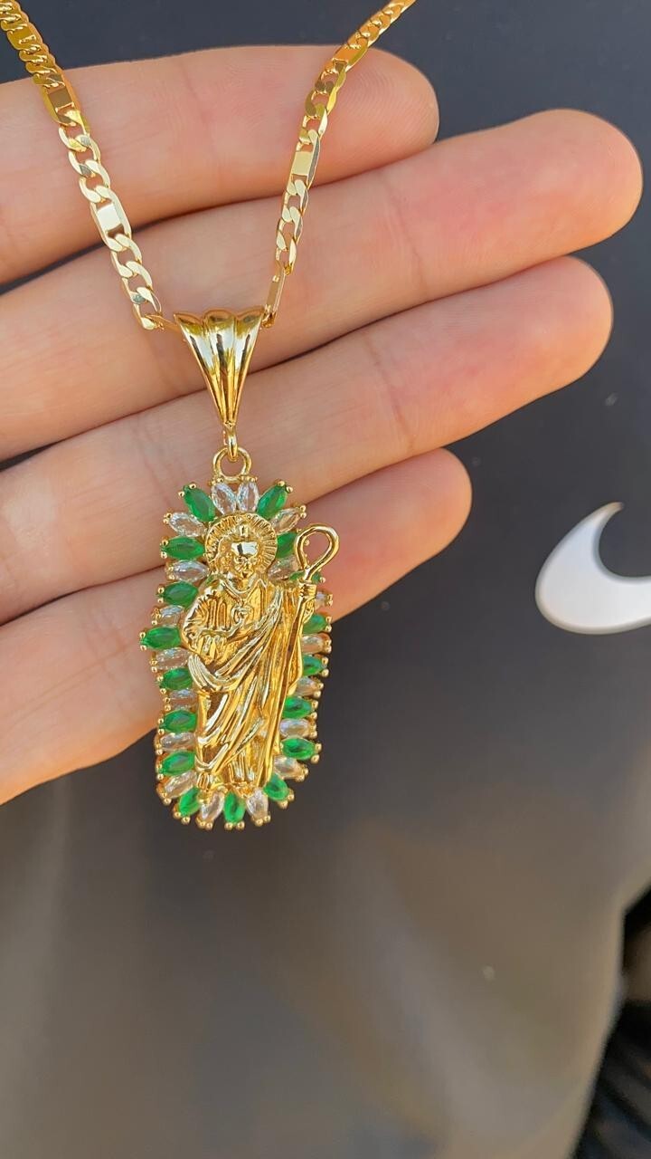 San Juditas CZ Necklace 24″ Figaro Valentino Chain Pendant Mens Adults Cadena
