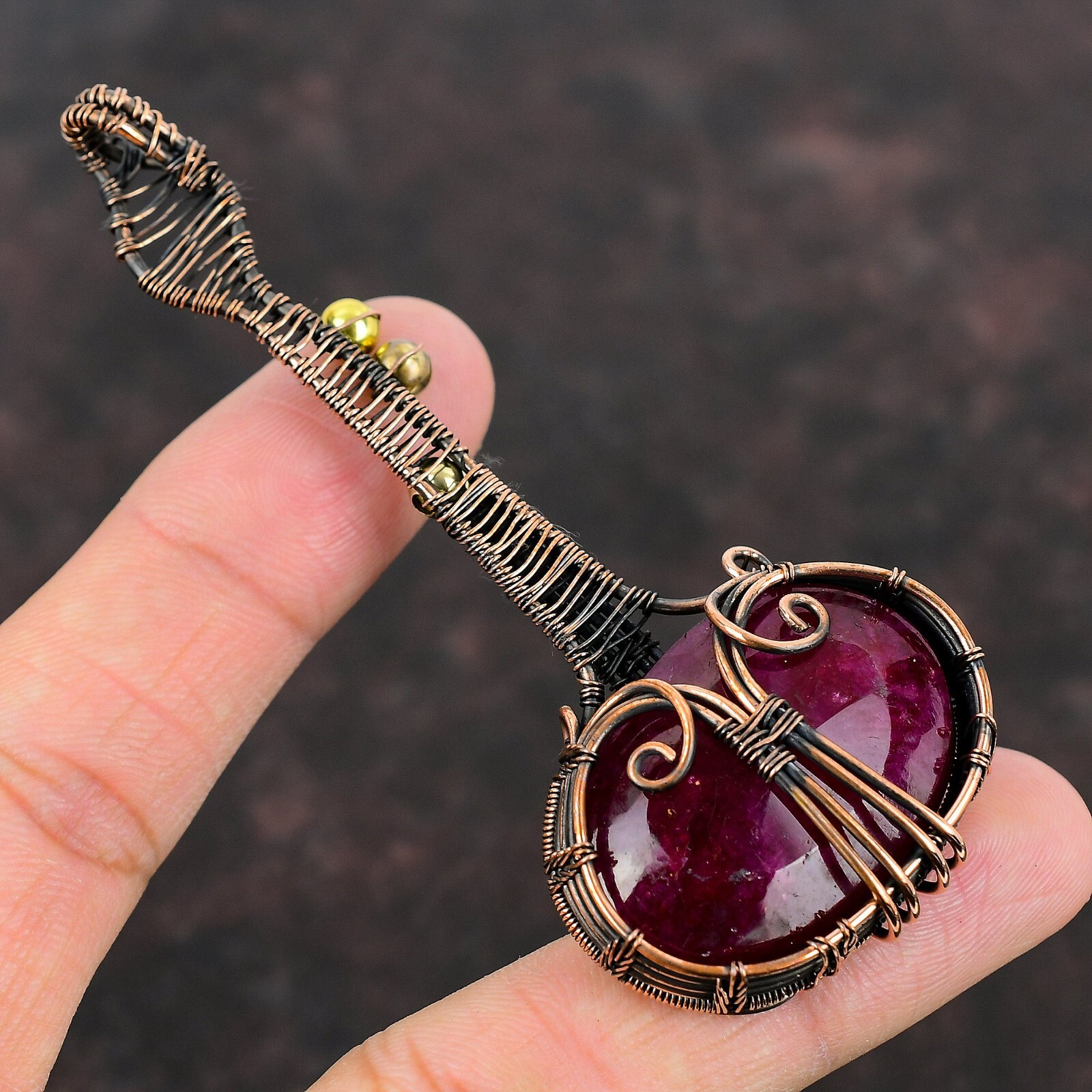Gift For Her Copper Gemstone Jewelry Handmade Wire Wrapped Guitar Pendant 3.62″