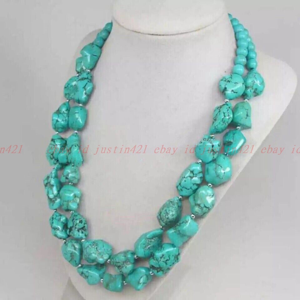 2 Strands Natural Turquoise Chunky Nugget Irregular Gems Necklace Earrings Set