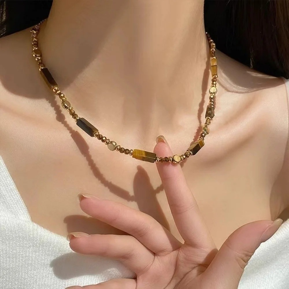 Alloy collarbone chain jewelry retro layered tiger eye stone pendant necklace