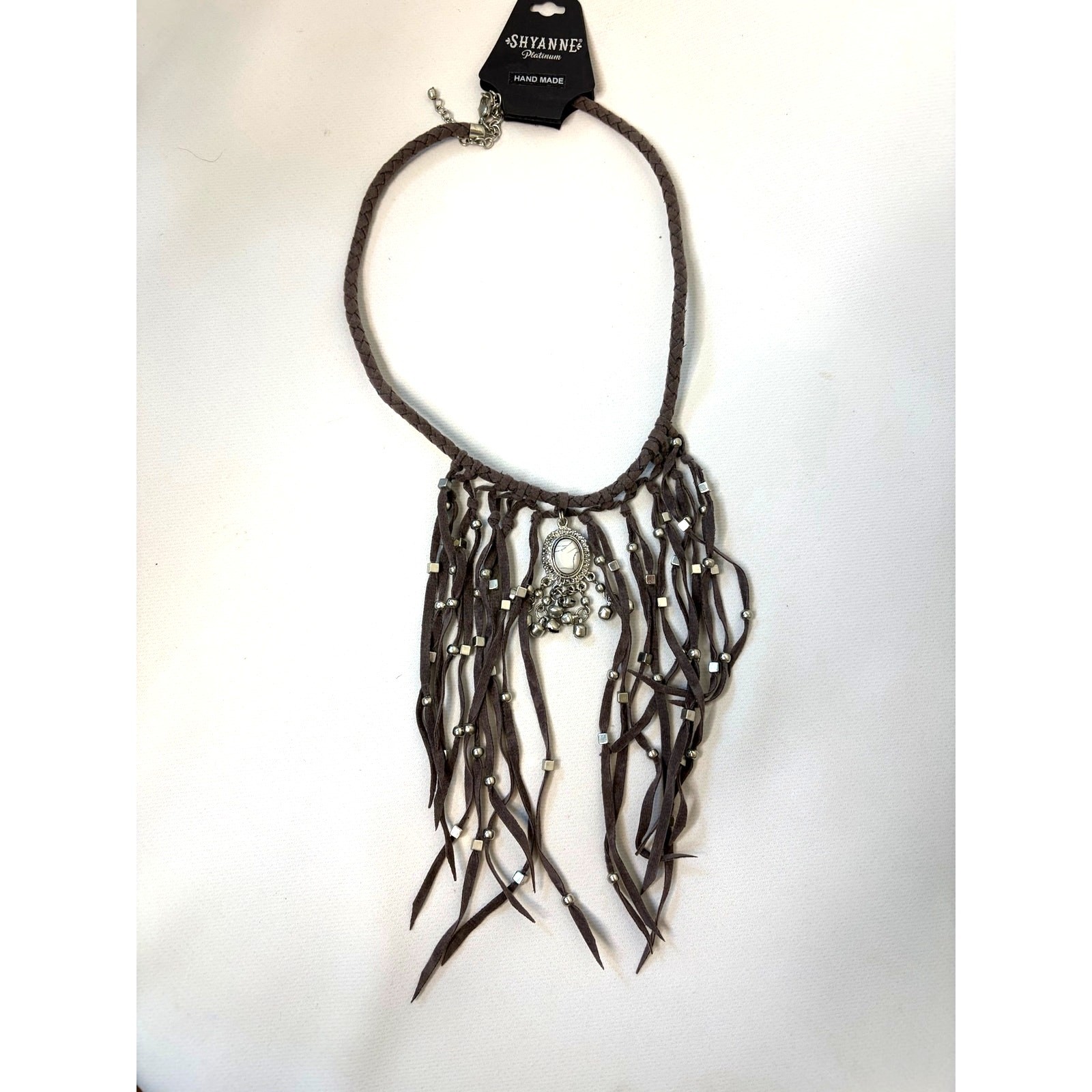 Shyanne Faux Leather Braided Silver Tone Beaded Fringe Western Necklace NEW