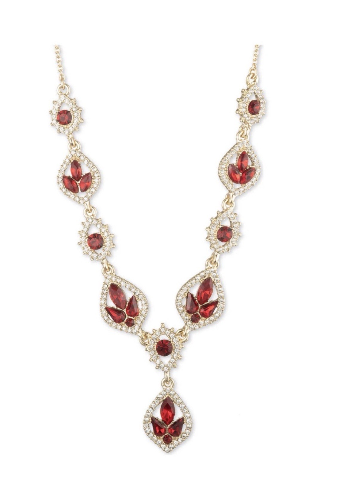Marchesa Gold Tone Red Crystal Pavé Teardrop Pendant Necklace Lobster Clasp