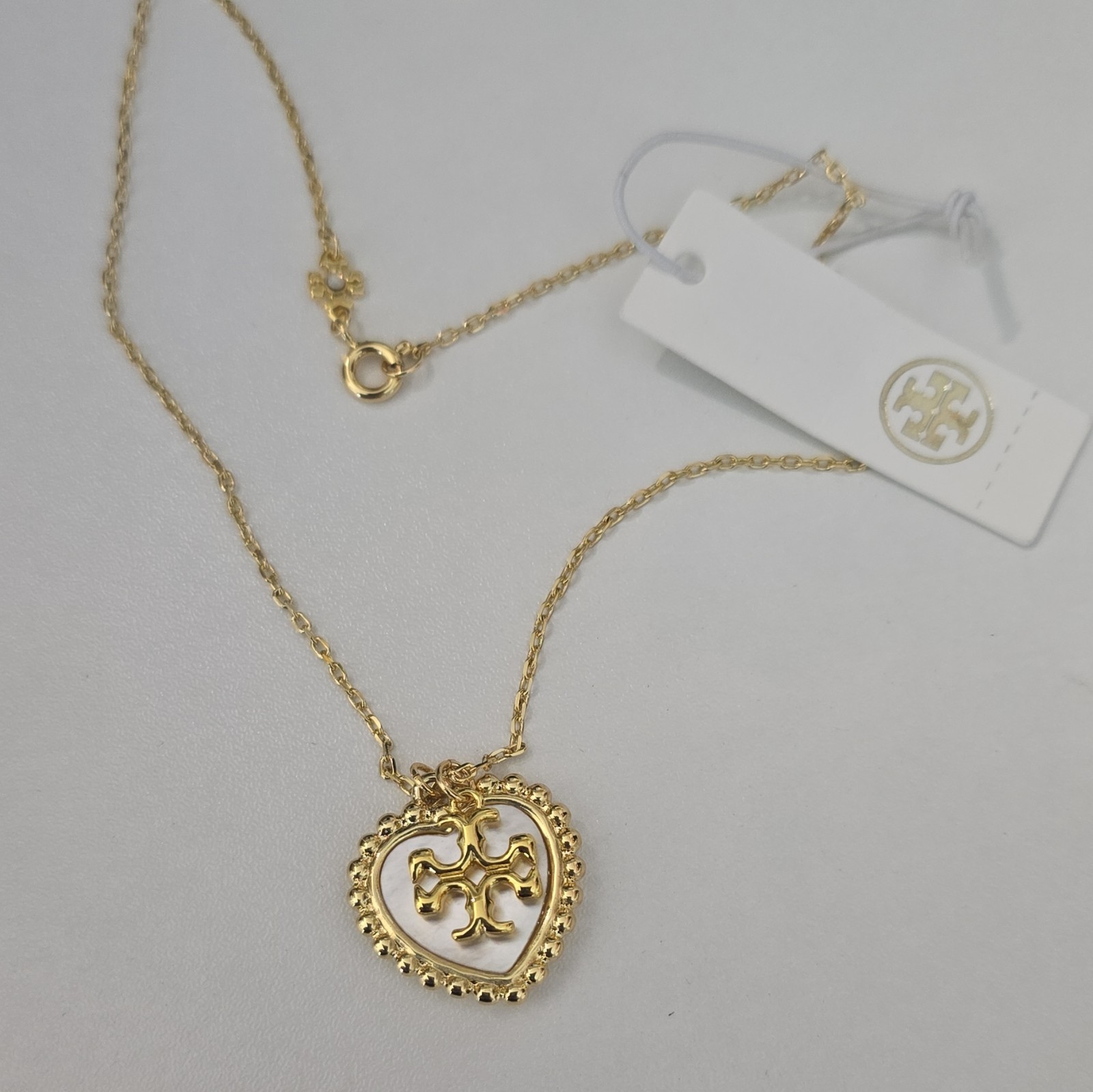 Tory Burch Gold Tone Heart Logo Charm Pendant Necklace Cable Chain Spring Ring