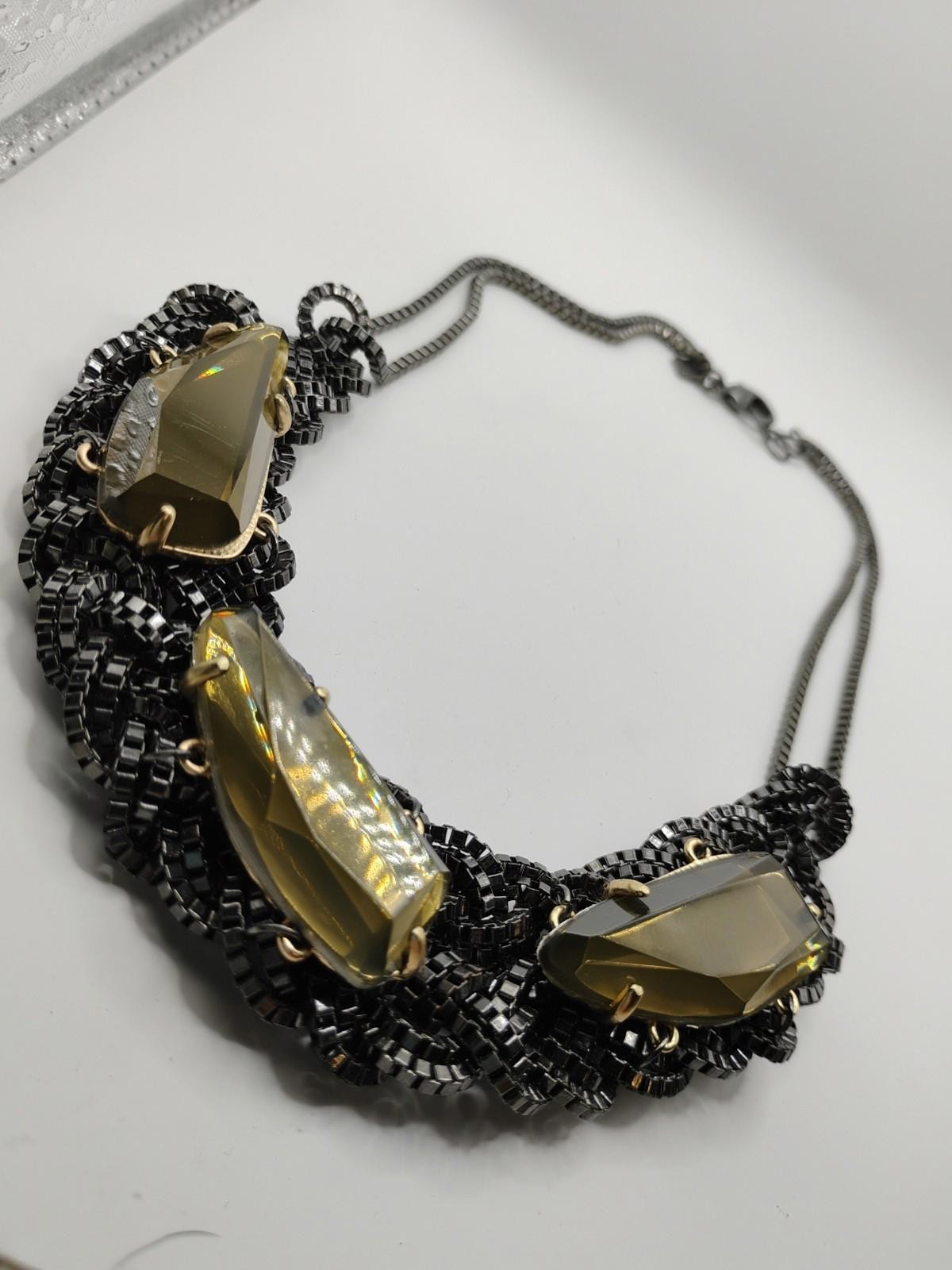 Banana Republic Crystal Choker Necklace Smoke Topaz Tan Faceted Chainmail BP