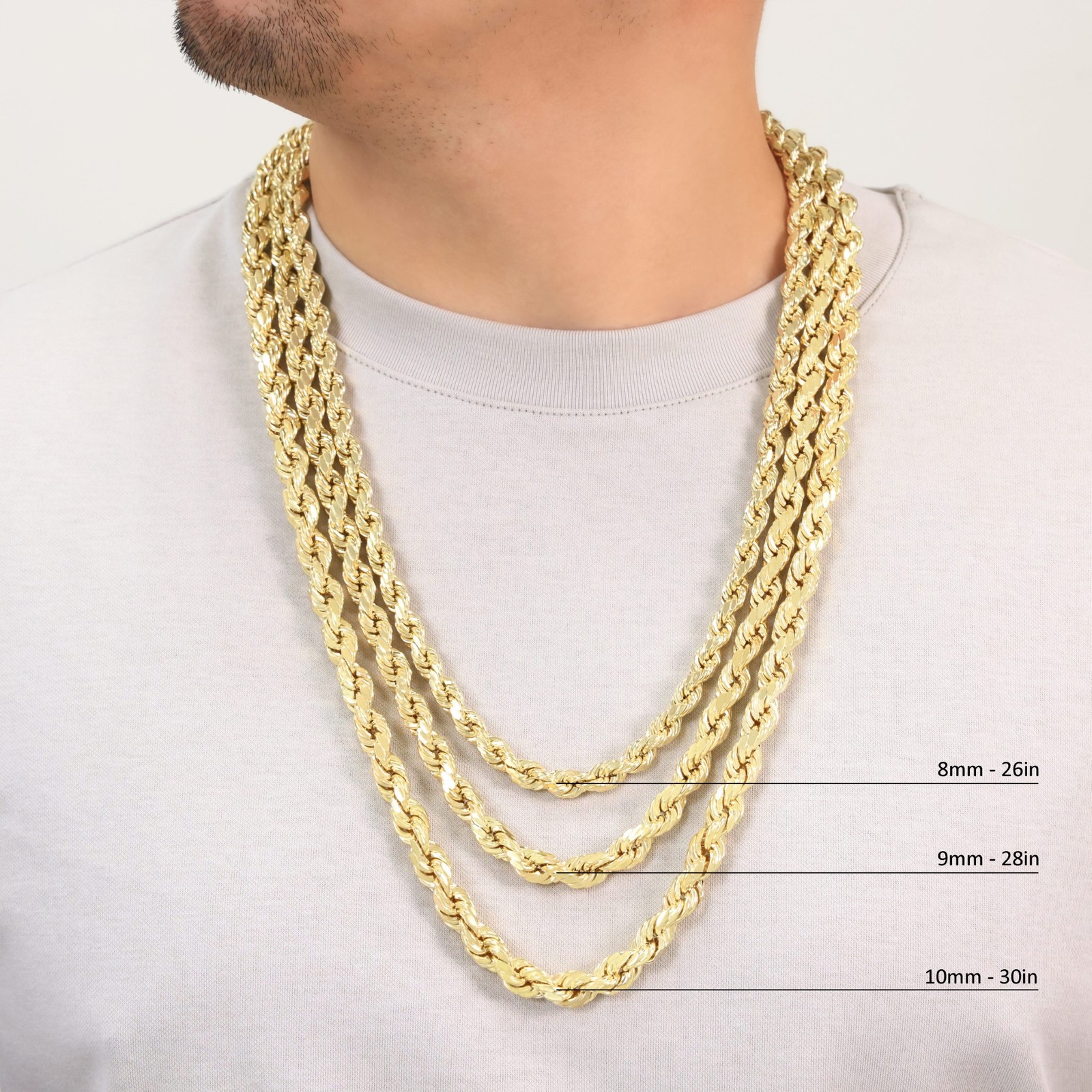 10K Yellow Gold 1.5mm-10mm Diamond Cut Rope Chain Necklace Mens Women 18″- 28″
