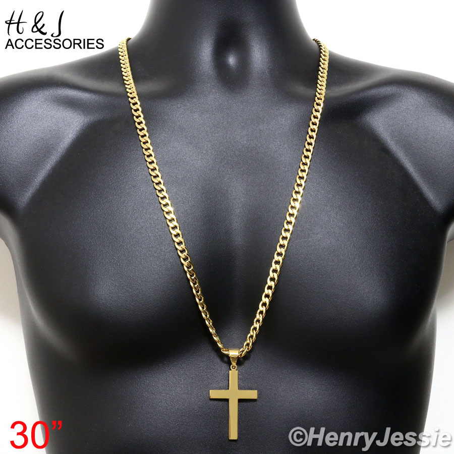 18-40″Stainless Steel 6mm Gold Plated Cuban Curb Chain Plain Cross Pendant*P64