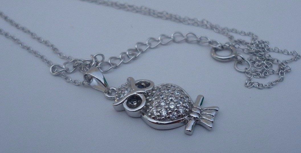 925 STERLING SILVER DESIGNERS OWL PENDANT NECKLACE W/ 1 CT LAB CREATED DIAMONDS