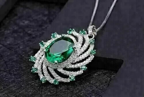 2.20Ct Oval Cut Lab Created Emerald & Diamond Pendant In 14K White Gold Plated