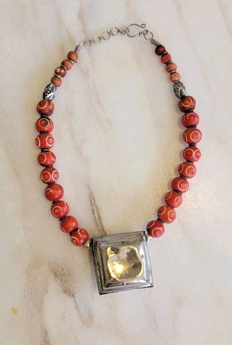 Tibetan Ghau Prayer Box Amulet Necklace Red Coral Hand-Carved Spiral Beads