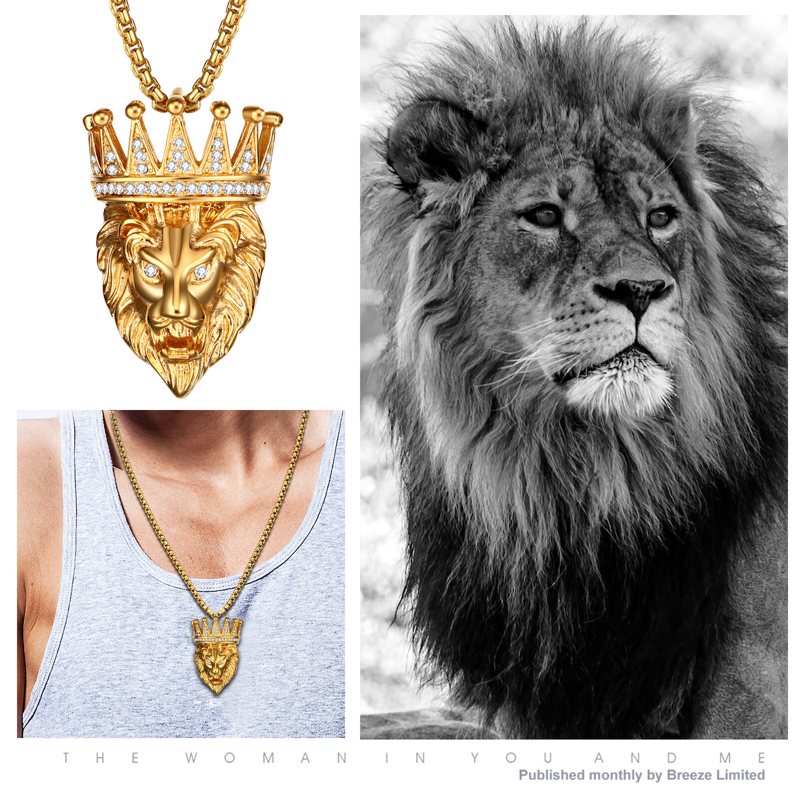 Mens Boys Hip Hop Gold Tone Lion Head Stainless Steel Pendant Necklace Chain 22″