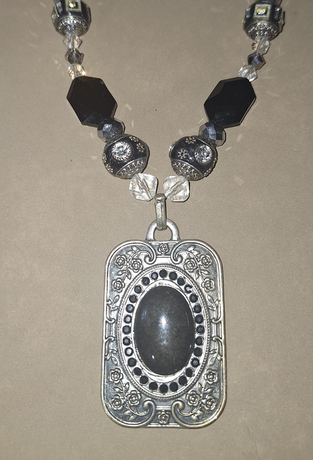 Black & Silver Tone Beaded Necklace w/ Rectangle Charm Pendant
