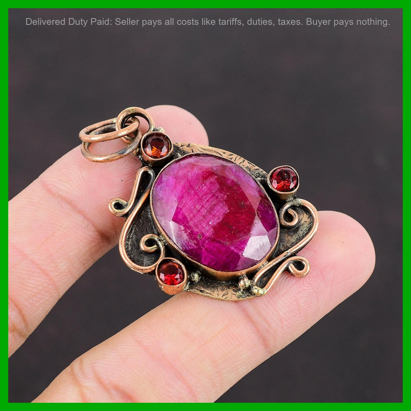Copper Kashmir Rubi Stone Mozambique Garnet Handcrafted Bezel Birthday Pendant
