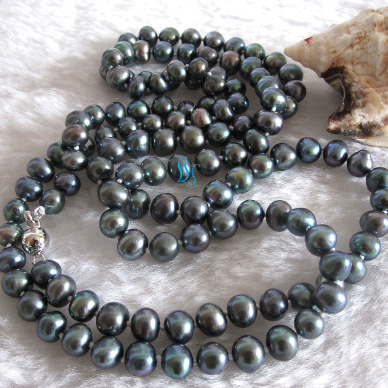 37″ 6-7mm Peacock Blue Freshwater Pearl Necklace Strands Jewelry