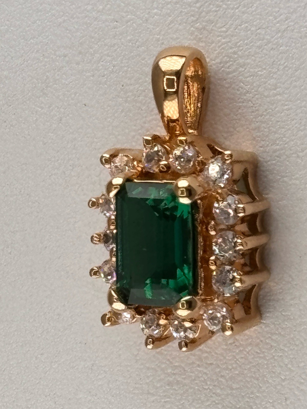Emerald Cut Lab Emerald Gold Plate and CZ Pendant