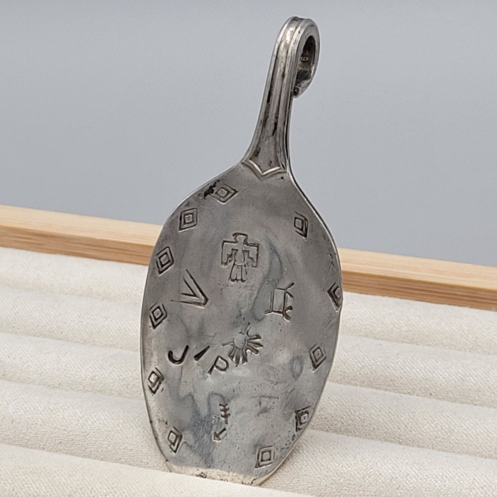 Wallingford Stainless Steel Spoon Pendant Aztec Stamped Thunderbird Arrow 3″