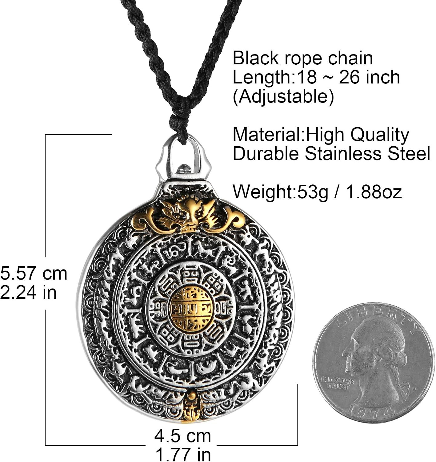 Tibetan Om Amulet Necklace Bagua I Ching Zodiac Dragon Stainless Steel Pendant