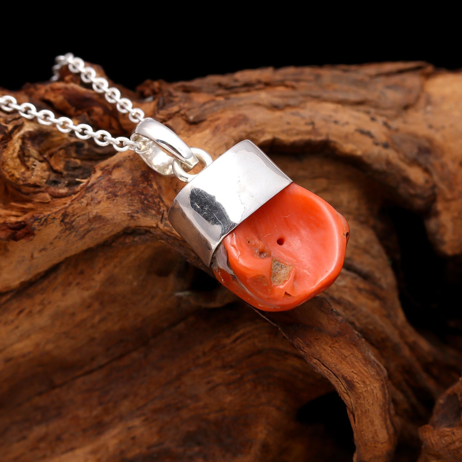 100% Natural Italian Red Coral Rough Chain Pendant 925 Sterling Silver Jewelry