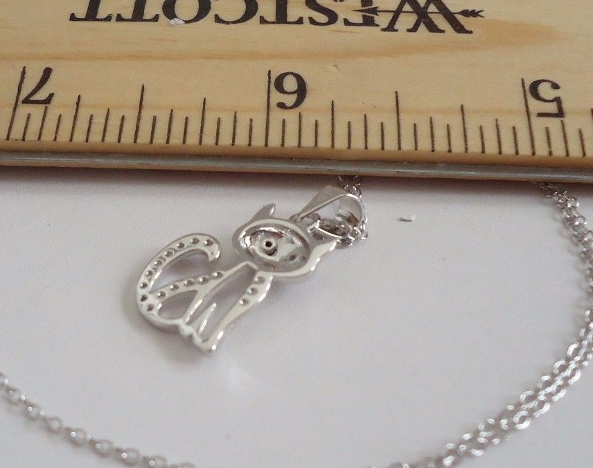 CAT NECKLACE PENDANT LAB CREATED DIAMONDS / 925 STERLING SILVER 11MM BY 17MM