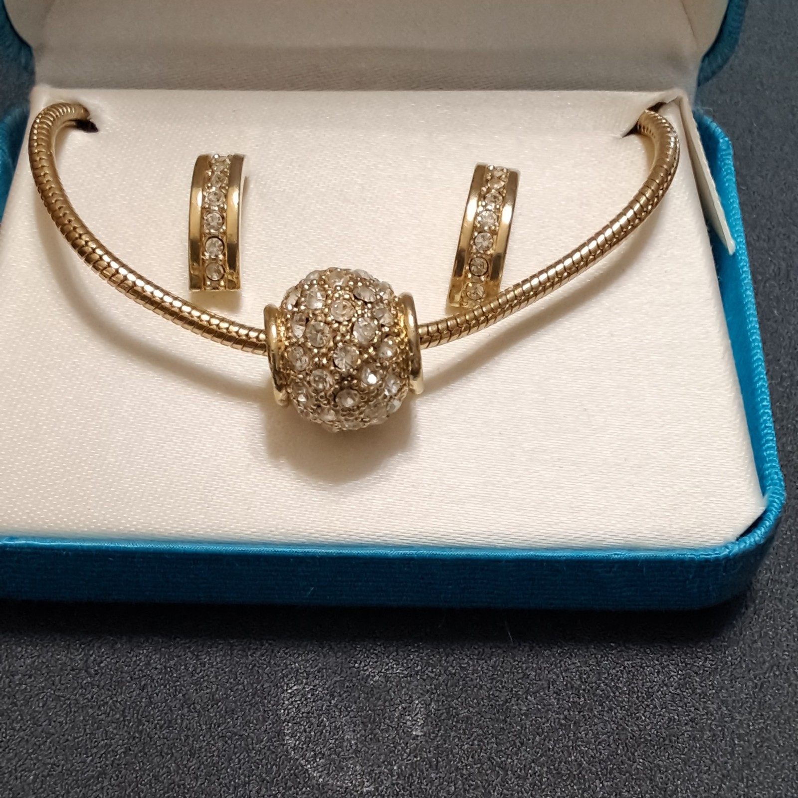 16″ GOLD SLIDER BALL SNAKE CHAIN NECKLACE & HALF HOOP PIERCED EARRINGS NIB #36