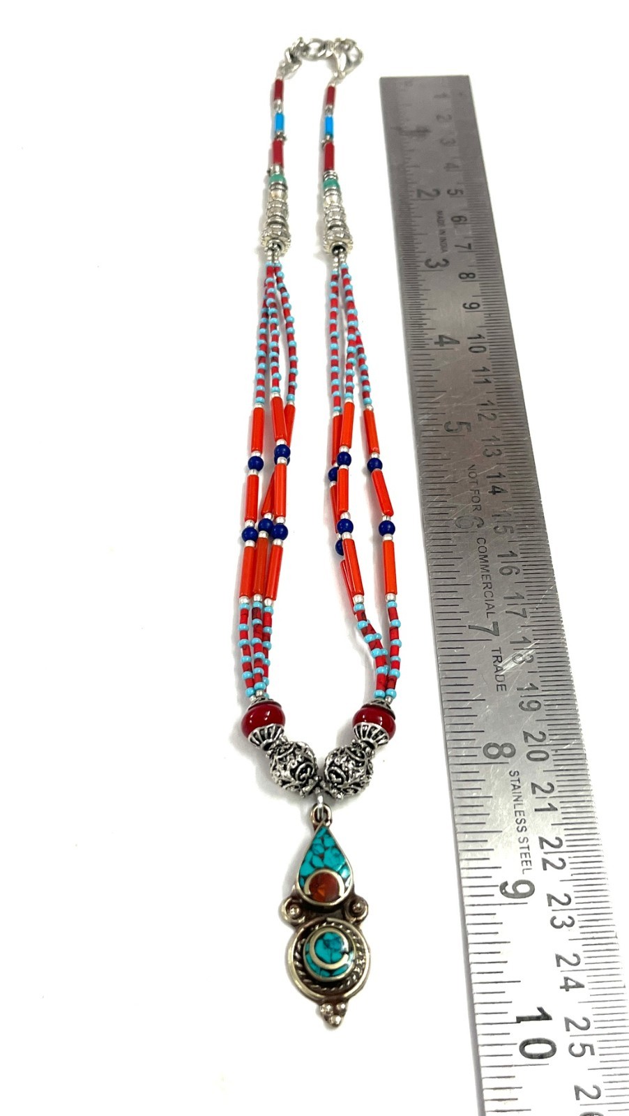 Art Deco Red Coral Turquoise Gemstone Tibetan Necklace Jewelry, 16 inch Adjust