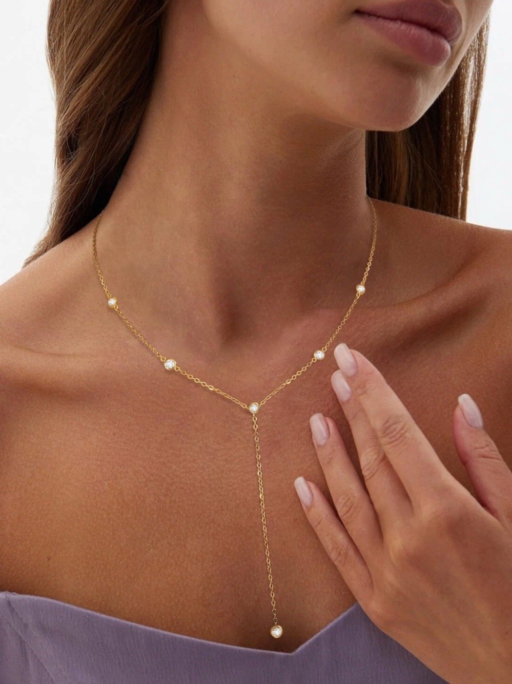 14k Gold Plated Dainty Lariat Necklace with Crystal Accents
