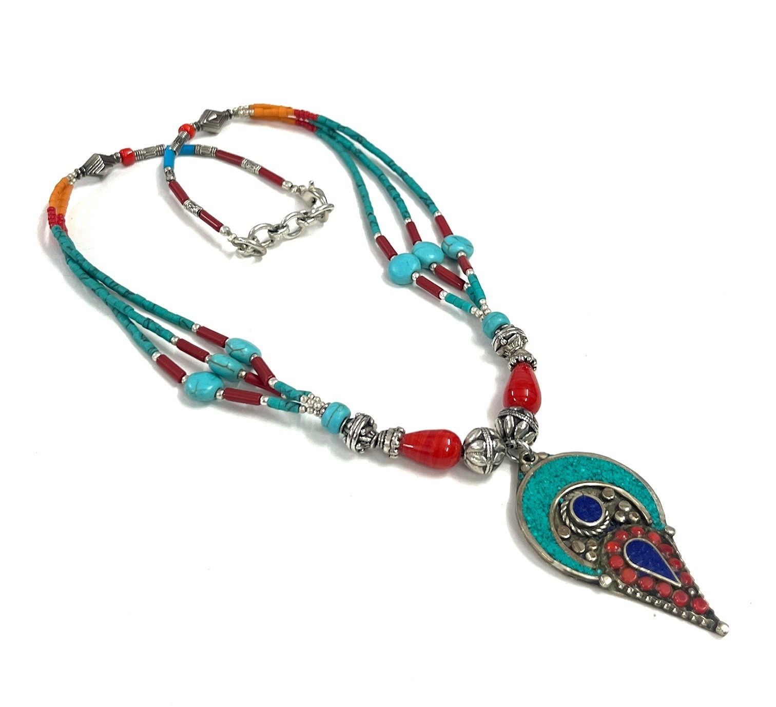 Antique Turquoise Coral Gemstone Tibetan Boho Necklace Jewelry, 17 inch Adjus