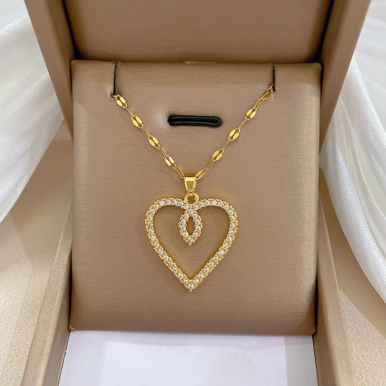 1pc Heart Zirconia Necklace Gold Color Stainless Steel O-Chain – NEW