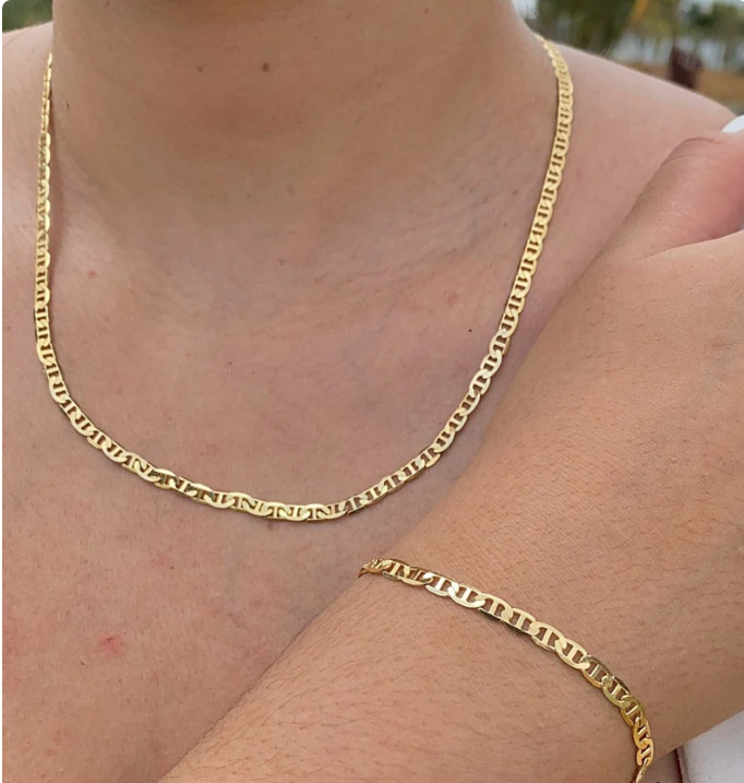 14K Gold Mariner Chain Necklace Bracelet Set 20in 7.5in Men Women Cadena Mariner