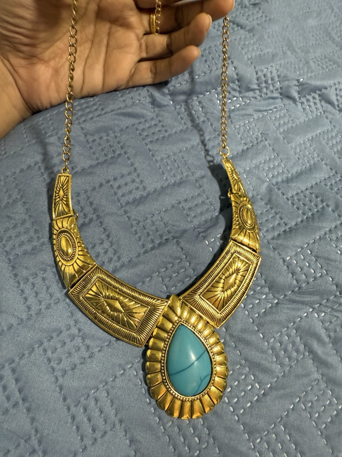 Chunky Gold Necklace Cuff Large Big Wide Costume Blue Statement Choker Jewelry