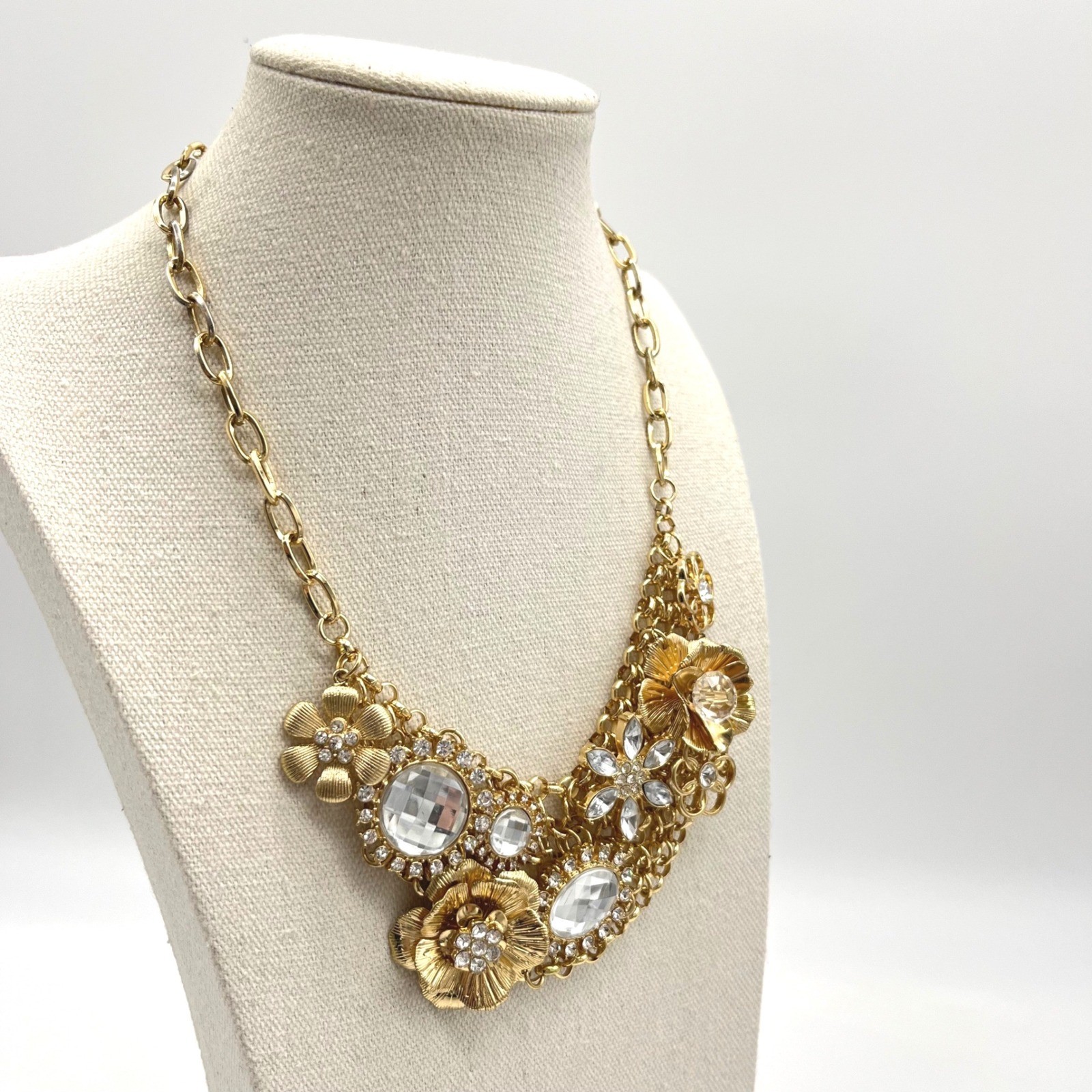 Gold Tone Clutter Statement Necklace Multi Gem Embellished Bib Style Choker