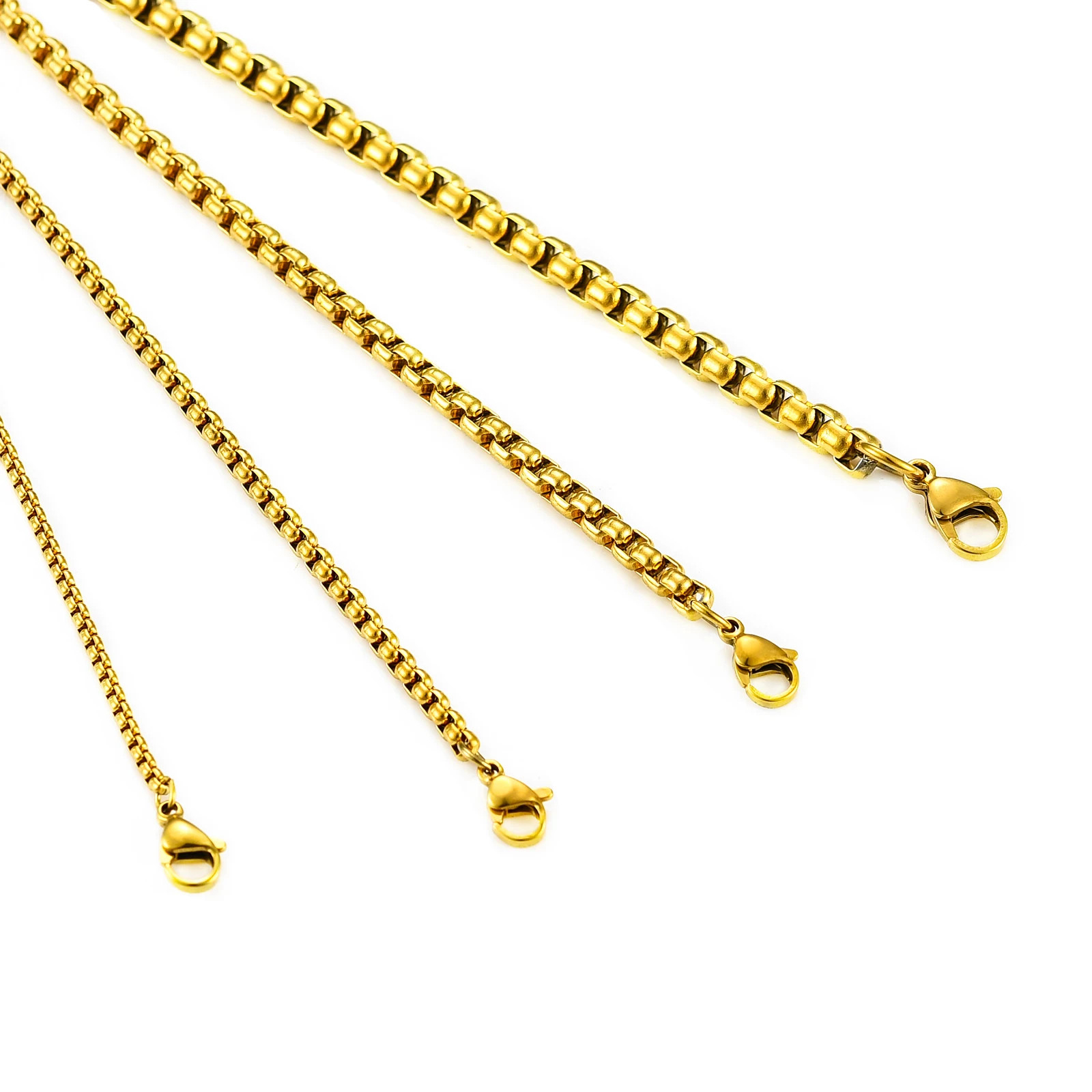 Square Rolo Gold Color Plated Round Box Chain Stainless Steel Necklace For Women
