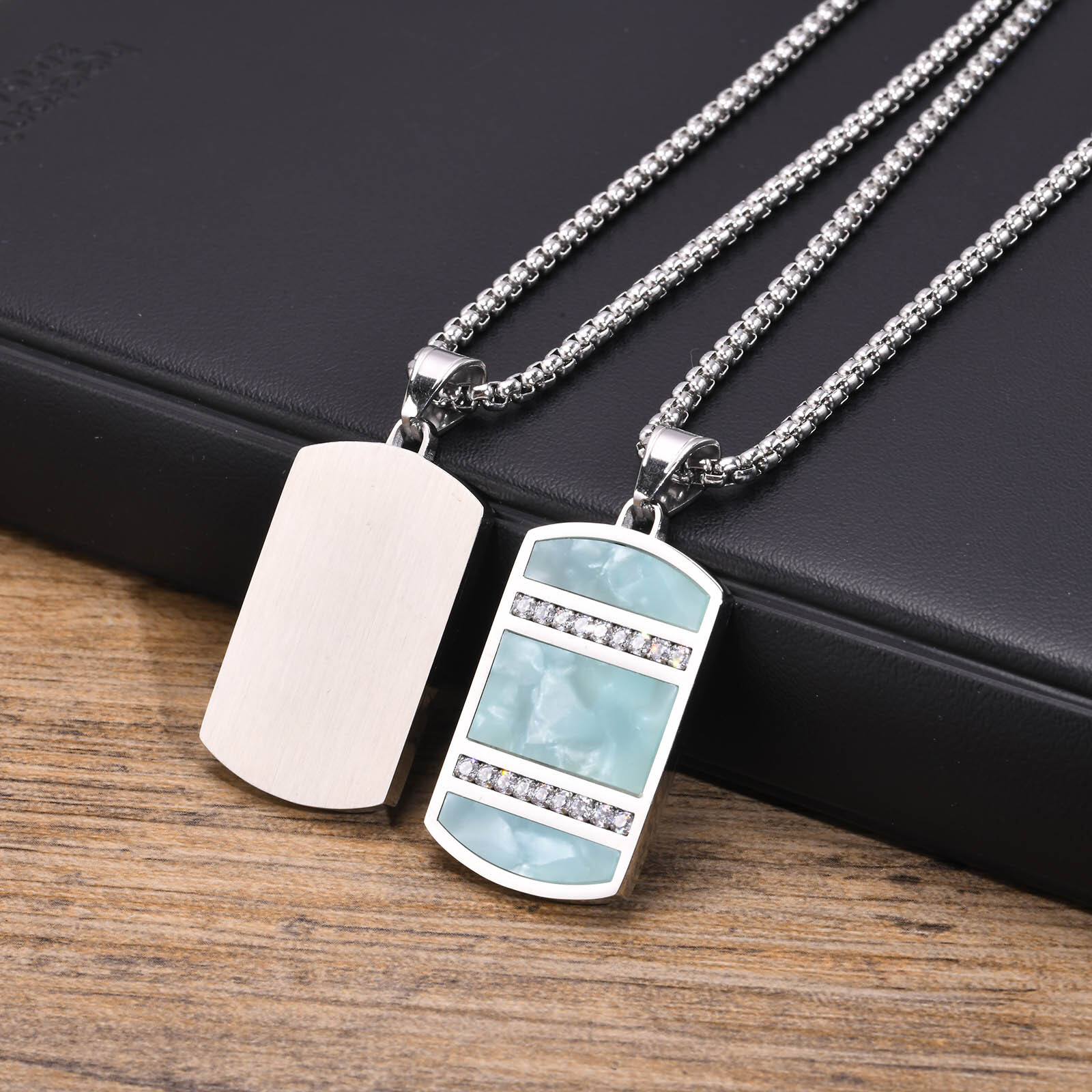 Mens Necklaces Bling CZ Stone Inlay, Chinese Tradition Cyan Stone Square Dog Tag