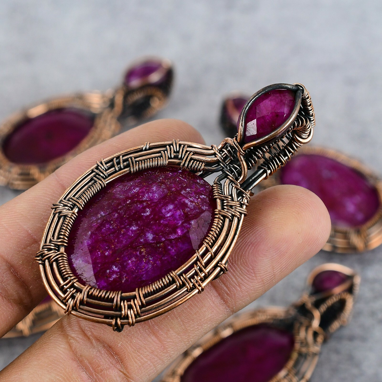 Simulated Kashmir Red Ruby Gemstone Copper Wire Wrap Handmade Pendant Jewelry