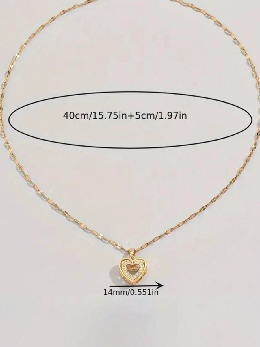 Gold Heart Necklace Movable CZ Pendant Stainless Steel Women Jewelry Gift